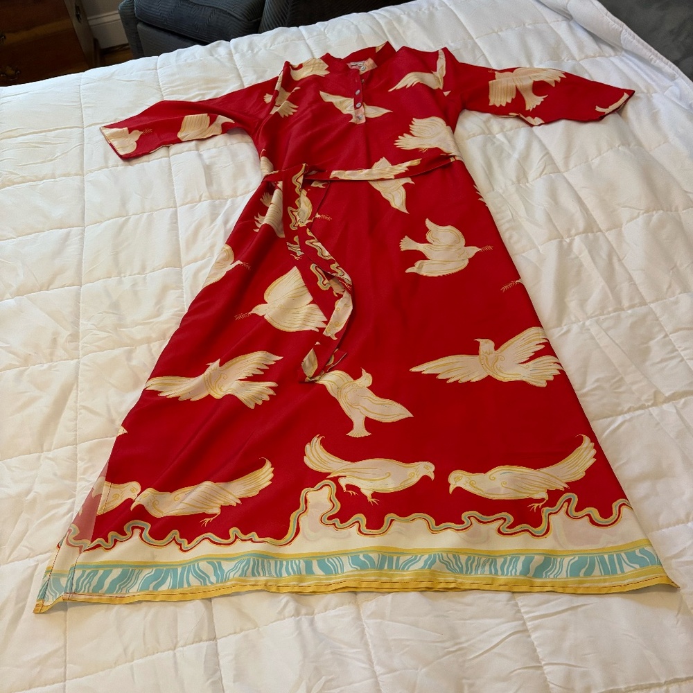 Red Maxi Dress with Cream Bird Print